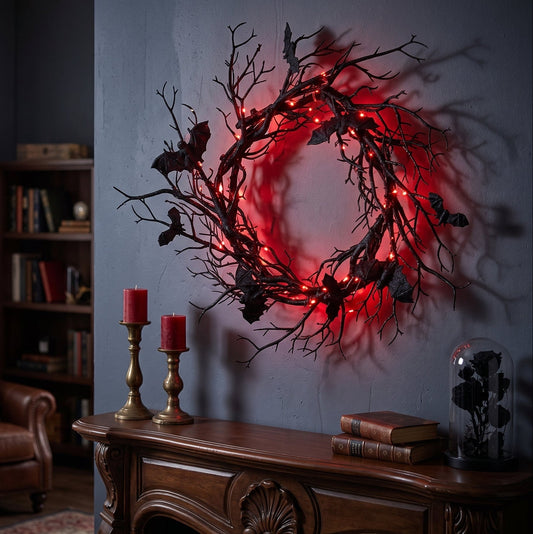 Bramble — Halloween Bat Wreath with LED Lights, 16 in