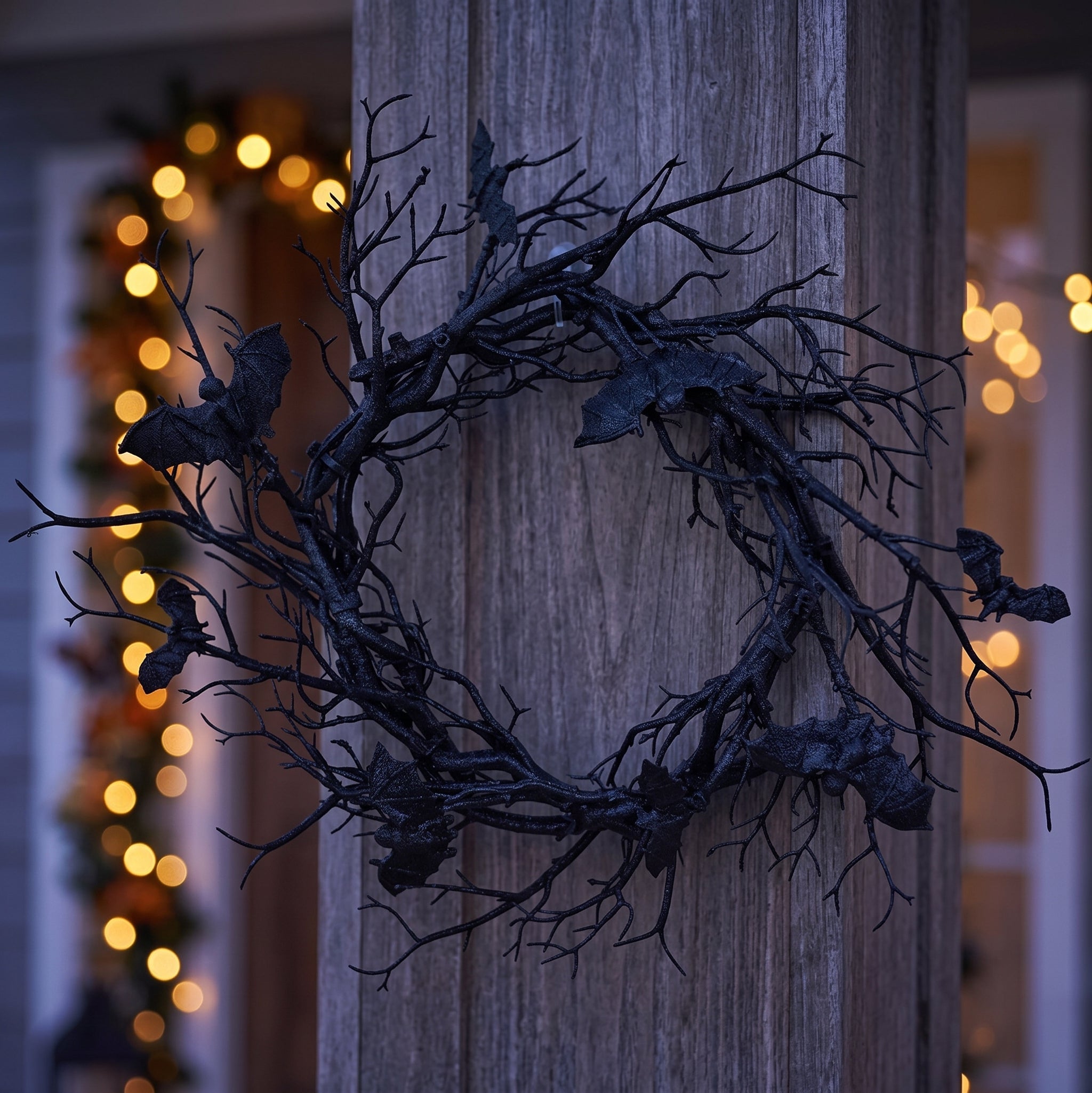 Bramble — Halloween Bat Wreath with LED Lights, 16 in