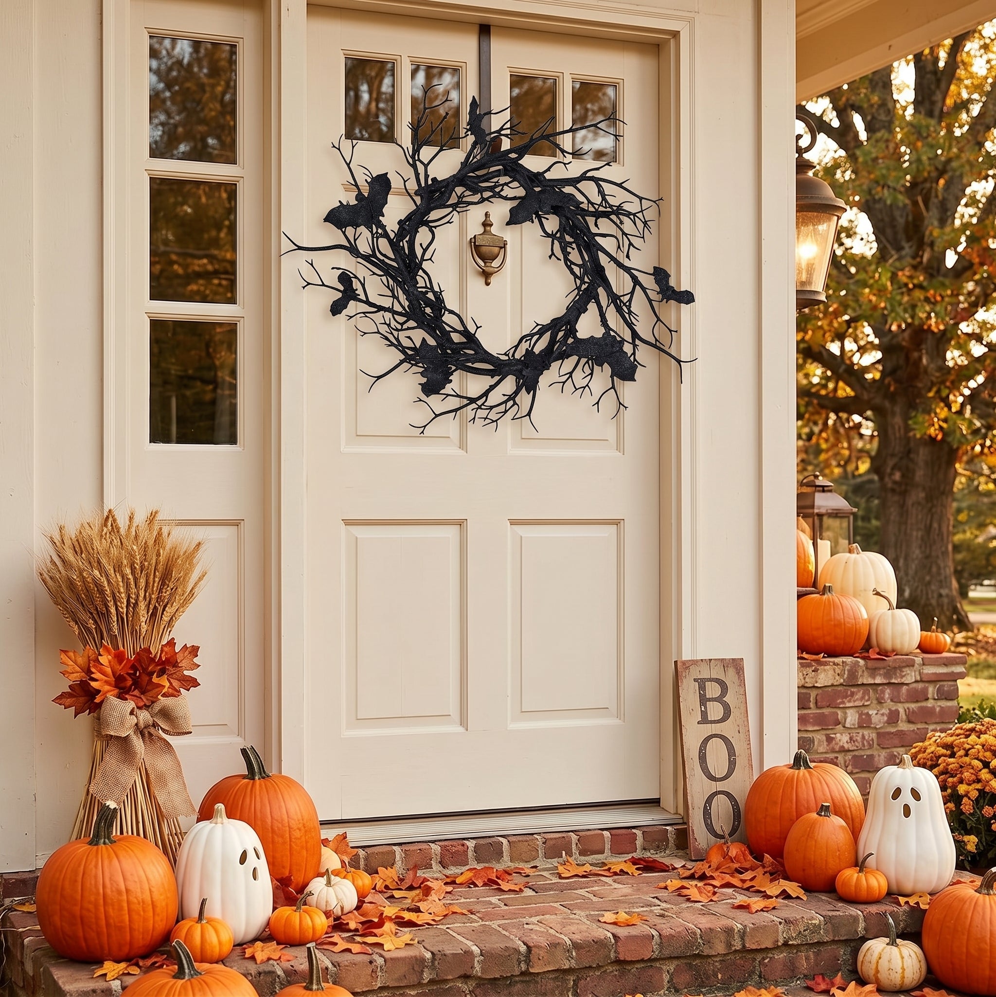 Bramble — Halloween Bat Wreath with LED Lights, 16 in