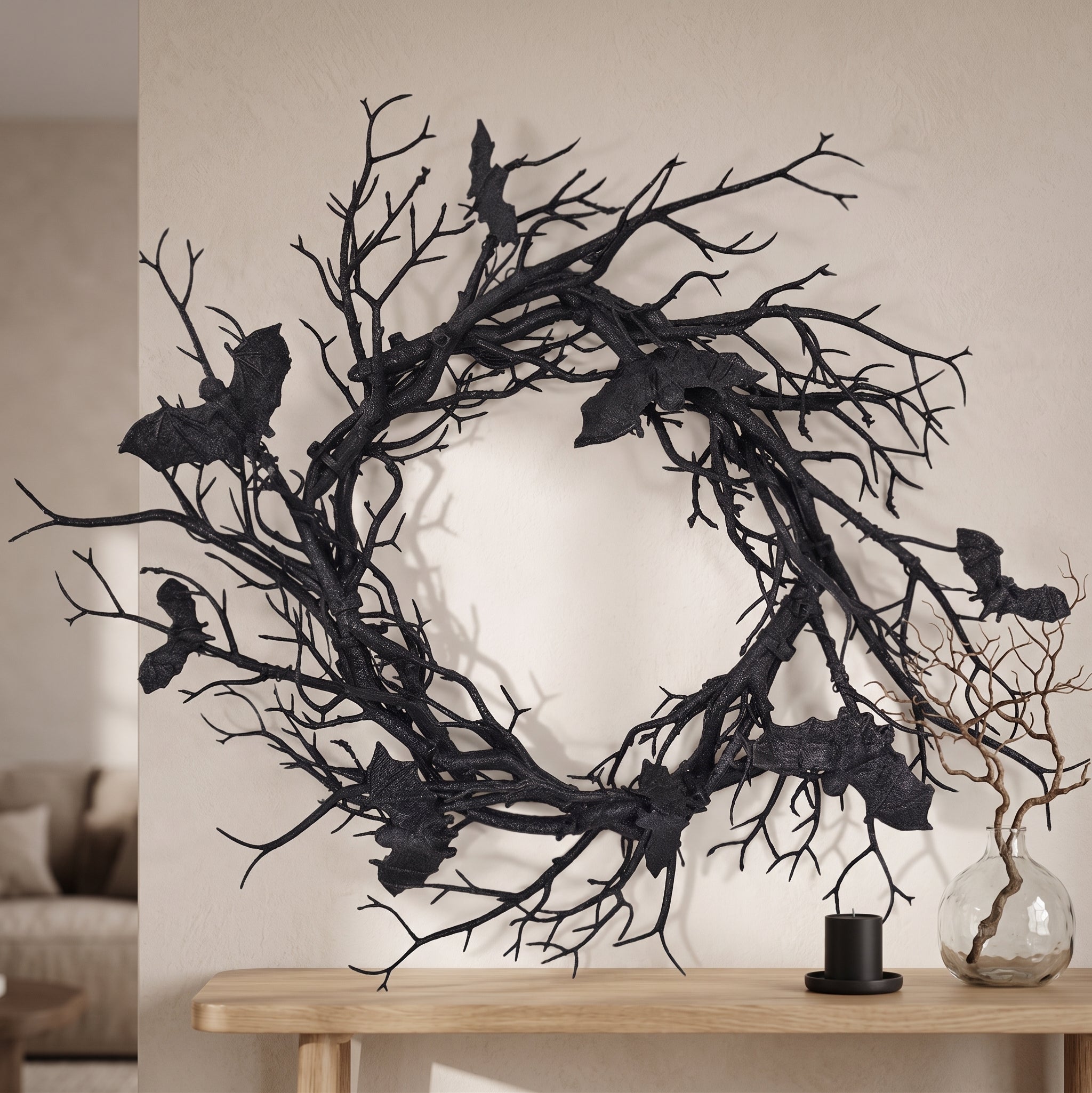 Bramble — Halloween Bat Wreath with LED Lights, 16 in