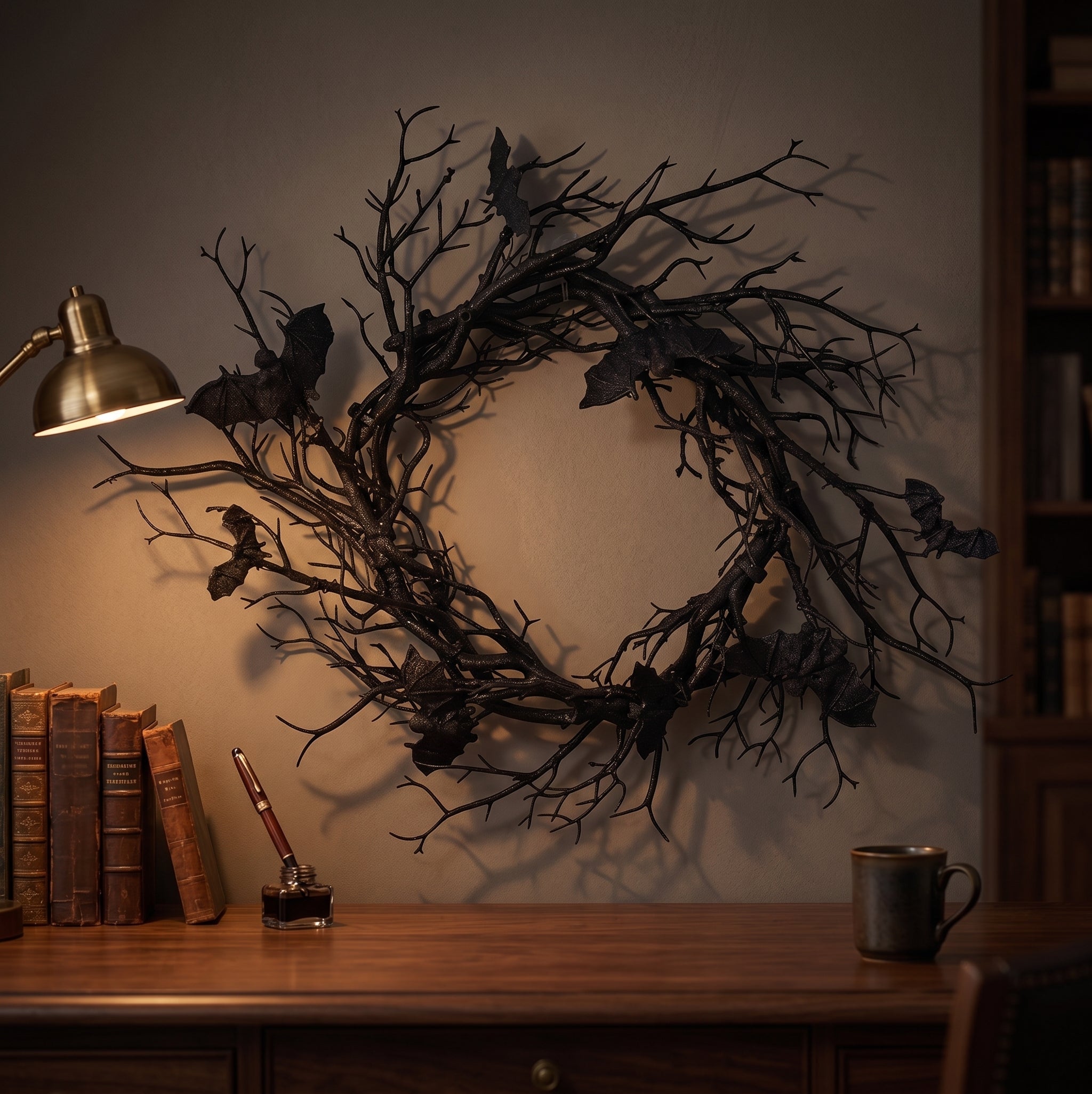 Bramble — Halloween Bat Wreath with LED Lights, 16 in