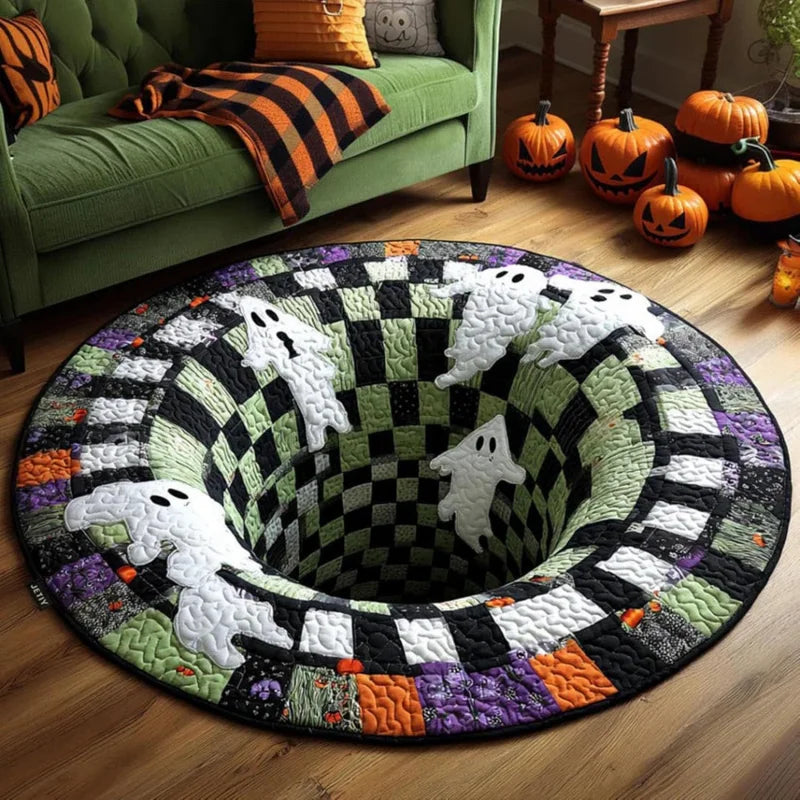 VortexBone™ 3D Halloween rug featuring spooky vortex design with vibrant orange and black colors for seasonal decor.