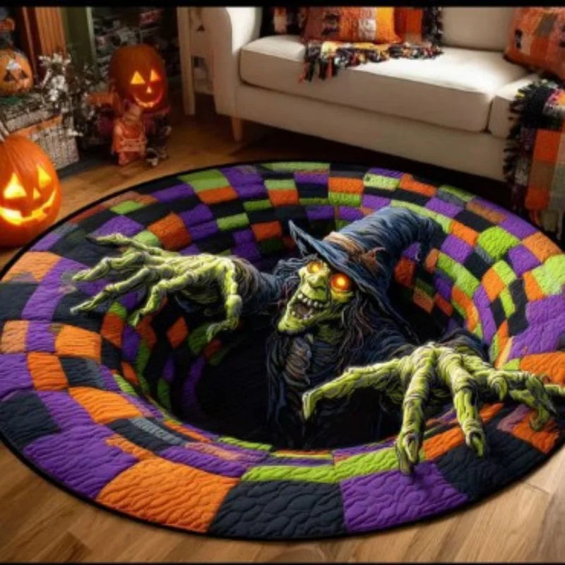 VortexBone™ 3D Vortex Halloween Rug featuring spooky vortex design in vibrant orange and black colors.