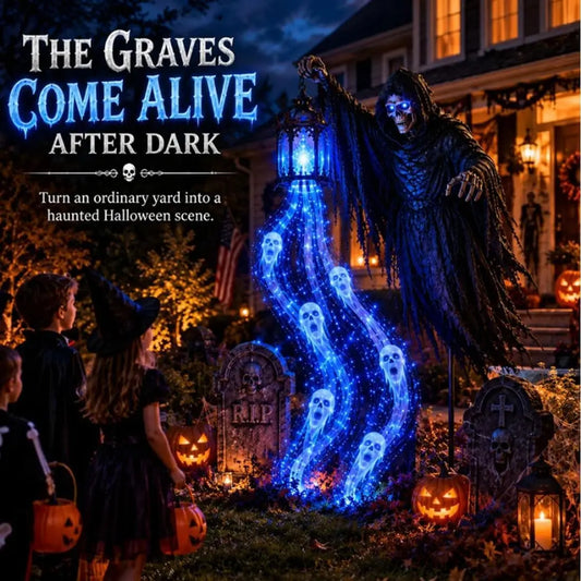 GraveGlow™ solar-powered Halloween light featuring a spooky graveyard design for outdoor Halloween decoration.