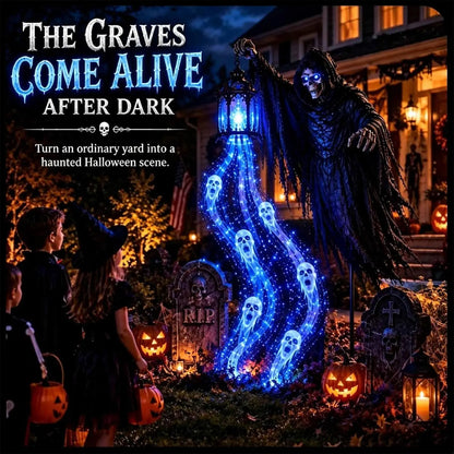 GraveGlow™ solar-powered Halloween light with eerie ghost design, perfect for outdoor spooky decorations and nighttime illumination.