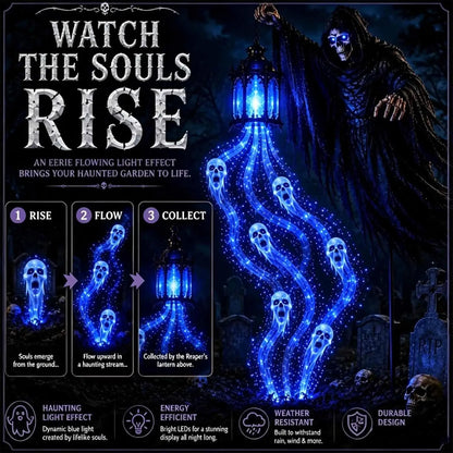 GraveGlow™ solar-powered Halloween light illuminating a spooky graveyard scene with glowing tombstones and eerie lighting.