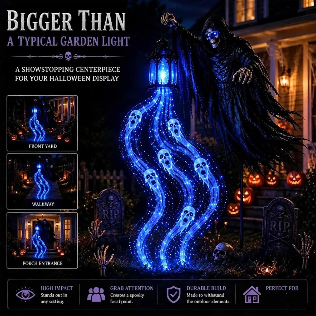 GraveGlow™ solar Halloween light featuring a spooky graveyard scene, perfect for outdoor Halloween decoration and illumination.
