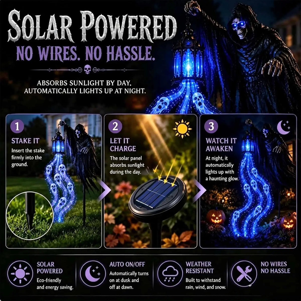 GraveGlow™ solar-powered Halloween light featuring a spooky ghost shape, glowing orange and purple for outdoor spooky decorations.